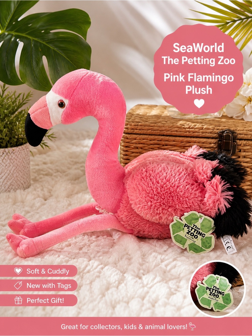 Pink Flamingo Plush w/ Tags | The Petting Zoo Stuffed Animal | Soft & Cuddly